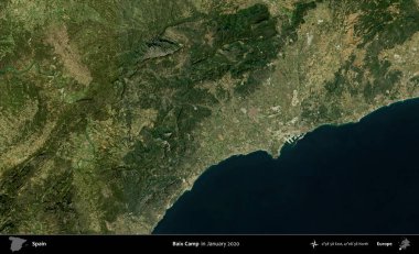 Baix Kampı. Ocak 2020 'de çekilen Global Mozaik Sentinel-2 karolarından oluşan bir uydu görüntüsü üzerine İspanya' nın idari bölgesi