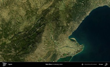 Baix Ebre. Ocak 2020 'de çekilen Global Mozaik Sentinel-2 karolarından oluşan bir uydu görüntüsü üzerine İspanya' nın idari bölgesi