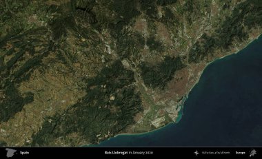 Baix Llobregat. Ocak 2020 'de çekilen Global Mozaik Sentinel-2 karolarından oluşan bir uydu görüntüsü üzerine İspanya' nın idari bölgesi