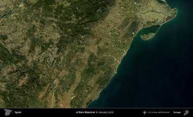 el Baix Maestrat. Ocak 2020 'de çekilen Global Mozaik Sentinel-2 karolarından oluşan bir uydu görüntüsü üzerine İspanya' nın idari bölgesi