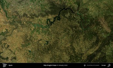 Bajo Aragon-Caspe. Ocak 2020 'de çekilen Global Mozaik Sentinel-2 karolarından oluşan bir uydu görüntüsü üzerine İspanya' nın idari bölgesi