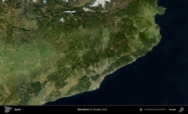 Barselona 'da. Ocak 2020 'de çekilen Global Mozaik Sentinel-2 karolarından oluşan bir uydu görüntüsü üzerine İspanya' nın idari bölgesi