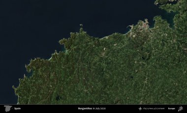 Bergantinos. İspanya 'nın idari bölgesi, Temmuz 2020' de çekilen Global Mozaik Sentinel-2 karolarından oluşan bir uydu görüntüsü üzerine kurulmuştur.