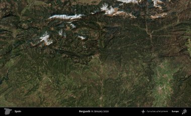 Bergueda. Ocak 2020 'de çekilen Global Mozaik Sentinel-2 karolarından oluşan bir uydu görüntüsü üzerine İspanya' nın idari bölgesi