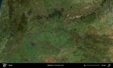 Caceres. Ocak 2020 'de çekilen Global Mozaik Sentinel-2 karolarından oluşan bir uydu görüntüsü üzerine İspanya' nın idari bölgesi