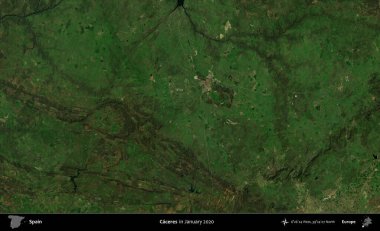 Caceres. Ocak 2020 'de çekilen Global Mozaik Sentinel-2 karolarından oluşan bir uydu görüntüsü üzerine İspanya' nın idari bölgesi