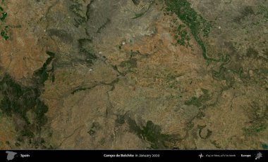Campo de Belchite 'de. Ocak 2020 'de çekilen Global Mozaik Sentinel-2 karolarından oluşan bir uydu görüntüsü üzerine İspanya' nın idari bölgesi