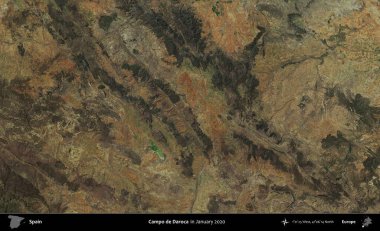 Campo de Daroca 'da. Ocak 2020 'de çekilen Global Mozaik Sentinel-2 karolarından oluşan bir uydu görüntüsü üzerine İspanya' nın idari bölgesi