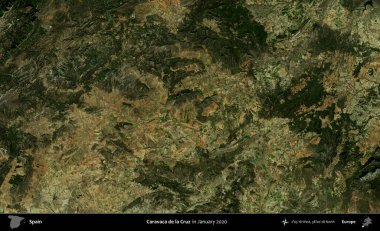Caravaca de la Cruz 'da. Ocak 2020 'de çekilen Global Mozaik Sentinel-2 karolarından oluşan bir uydu görüntüsü üzerine İspanya' nın idari bölgesi