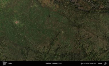 Cardena. Ocak 2020 'de çekilen Global Mozaik Sentinel-2 karolarından oluşan bir uydu görüntüsü üzerine İspanya' nın idari bölgesi