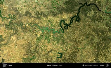 Caspe. Ocak 2020 'de çekilen Global Mozaik Sentinel-2 karolarından oluşan bir uydu görüntüsü üzerine İspanya' nın idari bölgesi