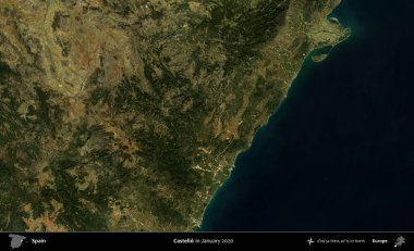 Castello. Ocak 2020 'de çekilen Global Mozaik Sentinel-2 karolarından oluşan bir uydu görüntüsü üzerine İspanya' nın idari bölgesi