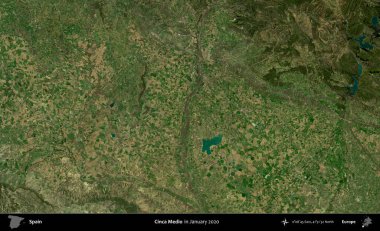 Cinca Medio. Ocak 2020 'de çekilen Global Mozaik Sentinel-2 karolarından oluşan bir uydu görüntüsü üzerine İspanya' nın idari bölgesi