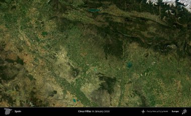 Cinco Villası. Ocak 2020 'de çekilen Global Mozaik Sentinel-2 karolarından oluşan bir uydu görüntüsü üzerine İspanya' nın idari bölgesi