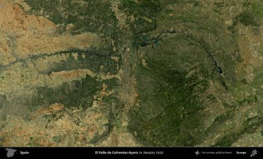 El Valle de Cofrentes-Ayora. Ocak 2020 'de çekilen Global Mozaik Sentinel-2 karolarından oluşan bir uydu görüntüsü üzerine İspanya' nın idari bölgesi