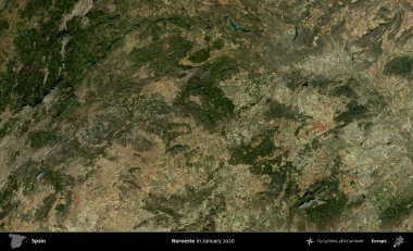 Noroeste. Ocak 2020 'de çekilen Global Mozaik Sentinel-2 karolarından oluşan bir uydu görüntüsü üzerine İspanya' nın idari bölgesi