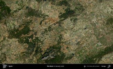 Rio Mula. Ocak 2020 'de çekilen Global Mozaik Sentinel-2 karolarından oluşan bir uydu görüntüsü üzerine İspanya' nın idari bölgesi