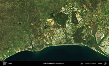 Costa Batı Yakası. Ocak 2020 'de çekilen Global Mozaik Sentinel-2 karolarından oluşan bir uydu görüntüsü üzerine İspanya' nın idari bölgesi