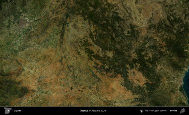 Cuenca. Ocak 2020 'de çekilen Global Mozaik Sentinel-2 karolarından oluşan bir uydu görüntüsü üzerine İspanya' nın idari bölgesi