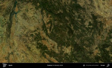 Cuenca. Ocak 2020 'de çekilen Global Mozaik Sentinel-2 karolarından oluşan bir uydu görüntüsü üzerine İspanya' nın idari bölgesi