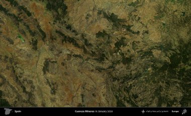 Cuencas Mineras. Ocak 2020 'de çekilen Global Mozaik Sentinel-2 karolarından oluşan bir uydu görüntüsü üzerine İspanya' nın idari bölgesi