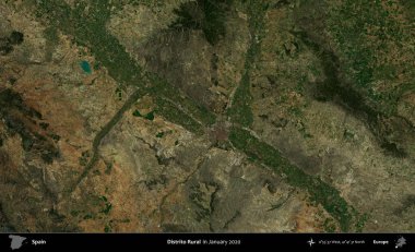 Kırsal Dağıtım. Ocak 2020 'de çekilen Global Mozaik Sentinel-2 karolarından oluşan bir uydu görüntüsü üzerine İspanya' nın idari bölgesi