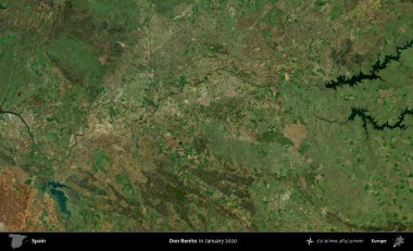 Don Benito. Ocak 2020 'de çekilen Global Mozaik Sentinel-2 karolarından oluşan bir uydu görüntüsü üzerine İspanya' nın idari bölgesi