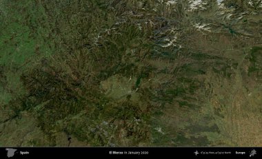 El Bierzo 'da. Ocak 2020 'de çekilen Global Mozaik Sentinel-2 karolarından oluşan bir uydu görüntüsü üzerine İspanya' nın idari bölgesi