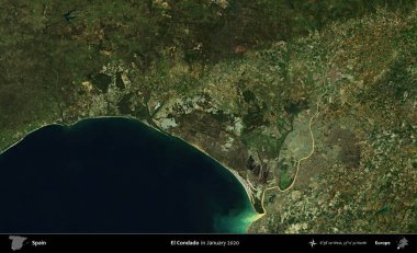 El Condado 'da. Ocak 2020 'de çekilen Global Mozaik Sentinel-2 karolarından oluşan bir uydu görüntüsü üzerine İspanya' nın idari bölgesi