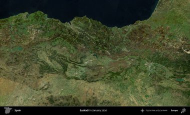 Euskadi. Ocak 2020 'de çekilen Global Mozaik Sentinel-2 karolarından oluşan bir uydu görüntüsü üzerine İspanya' nın idari bölgesi