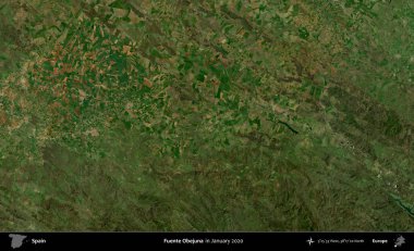 Fuente Obejuna. Ocak 2020 'de çekilen Global Mozaik Sentinel-2 karolarından oluşan bir uydu görüntüsü üzerine İspanya' nın idari bölgesi