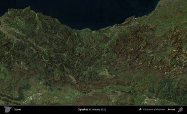Gipuzkoa. Ocak 2020 'de çekilen Global Mozaik Sentinel-2 karolarından oluşan bir uydu görüntüsü üzerine İspanya' nın idari bölgesi