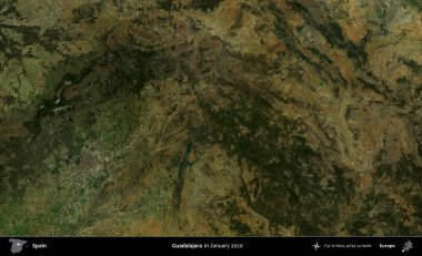 Guadalajara. Ocak 2020 'de çekilen Global Mozaik Sentinel-2 karolarından oluşan bir uydu görüntüsü üzerine İspanya' nın idari bölgesi