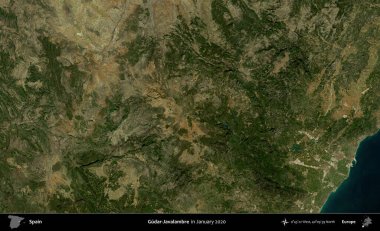 Gudar-Javalambre. Ocak 2020 'de çekilen Global Mozaik Sentinel-2 karolarından oluşan bir uydu görüntüsü üzerine İspanya' nın idari bölgesi