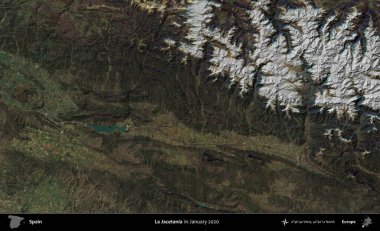 La Jacetania 'da. Ocak 2020 'de çekilen Global Mozaik Sentinel-2 karolarından oluşan bir uydu görüntüsü üzerine İspanya' nın idari bölgesi