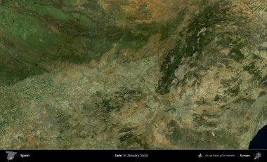 Jaen. Ocak 2020 'de çekilen Global Mozaik Sentinel-2 karolarından oluşan bir uydu görüntüsü üzerine İspanya' nın idari bölgesi