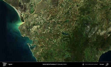 Jerez de la Frontera. Ocak 2020 'de çekilen Global Mozaik Sentinel-2 karolarından oluşan bir uydu görüntüsü üzerine İspanya' nın idari bölgesi