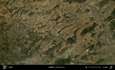 Jumilla. Ocak 2020 'de çekilen Global Mozaik Sentinel-2 karolarından oluşan bir uydu görüntüsü üzerine İspanya' nın idari bölgesi