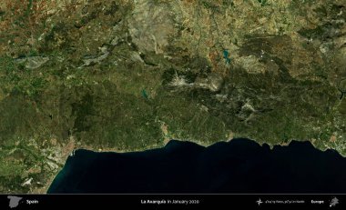 La Axarquia 'da. Ocak 2020 'de çekilen Global Mozaik Sentinel-2 karolarından oluşan bir uydu görüntüsü üzerine İspanya' nın idari bölgesi