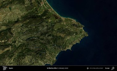 Marina Alta. Ocak 2020 'de çekilen Global Mozaik Sentinel-2 karolarından oluşan bir uydu görüntüsü üzerine İspanya' nın idari bölgesi