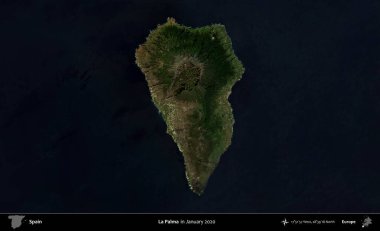 La Palma. Ocak 2020 'de çekilen Global Mozaik Sentinel-2 karolarından oluşan bir uydu görüntüsü üzerine İspanya' nın idari bölgesi