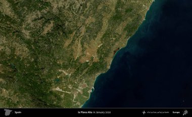la Plana Alta. Ocak 2020 'de çekilen Global Mozaik Sentinel-2 karolarından oluşan bir uydu görüntüsü üzerine İspanya' nın idari bölgesi