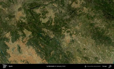 La Serrania 'da. Ocak 2020 'de çekilen Global Mozaik Sentinel-2 karolarından oluşan bir uydu görüntüsü üzerine İspanya' nın idari bölgesi