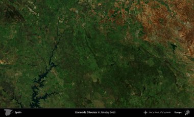 Llanos de Olivenza. Ocak 2020 'de çekilen Global Mozaik Sentinel-2 karolarından oluşan bir uydu görüntüsü üzerine İspanya' nın idari bölgesi