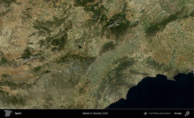Lorca. Ocak 2020 'de çekilen Global Mozaik Sentinel-2 karolarından oluşan bir uydu görüntüsü üzerine İspanya' nın idari bölgesi
