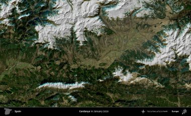 Cerdanya. Ocak 2020 'de çekilen Global Mozaik Sentinel-2 karolarından oluşan bir uydu görüntüsü üzerine İspanya' nın idari bölgesi
