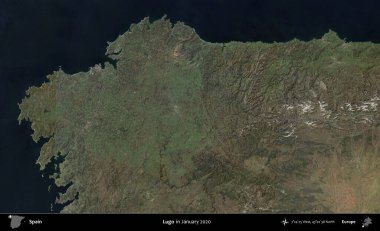 Lugo. Ocak 2020 'de çekilen Global Mozaik Sentinel-2 karolarından oluşan bir uydu görüntüsü üzerine İspanya' nın idari bölgesi