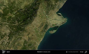 Montsia. Ocak 2020 'de çekilen Global Mozaik Sentinel-2 karolarından oluşan bir uydu görüntüsü üzerine İspanya' nın idari bölgesi