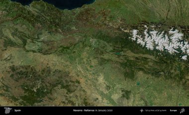 Navarra - Nafarroa. Ocak 2020 'de çekilen Global Mozaik Sentinel-2 karolarından oluşan bir uydu görüntüsü üzerine İspanya' nın idari bölgesi