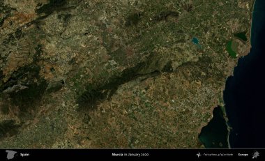 Murcia. Ocak 2020 'de çekilen Global Mozaik Sentinel-2 karolarından oluşan bir uydu görüntüsü üzerine İspanya' nın idari bölgesi
